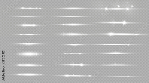 Set of white horizontal lens flares. Laser beams, horizontal light beams. Glow transparent vector set of light effects, explosion, glitter, spark, solar flare.