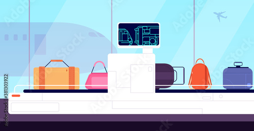 Airport conveyor. Cargo scanner, x ray scanning luggage bags inspection. Terminal security, baggage checking control vector illustration. Airport baggage, aviation, x-ray control