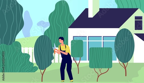 Gardener at work. Backyard garden worker, professional trimming plants bush care. Cartoon agriculture man hedge pruning vector illustration. Gardening care, hobby care agriculture backyard