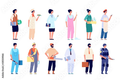 Professionals characters. Different employees, group of workers. Isolated people wear uniform, social worker healthcare manager vector. Character worker and manager, different profession illustration