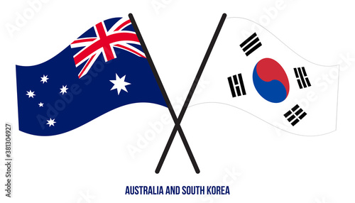 Australia and South Korea Flags Crossed And Waving Flat Style. Official Proportion. Correct Colors.