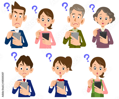 疑問の表情でスマートフォンを操作する家族のイラストセット
