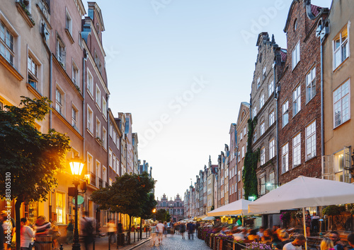 Cobblestone streets of Gdansk with rows of colorful, narrow houses in Dutch style, Poland