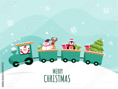 Merry Christmas Celebration Train on Light Turquoise and Snowy Background.