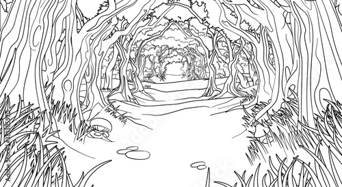 A fairytale fantasy magic woodland forest trees tunnel background landscape scene. Outline black and white coloring book page