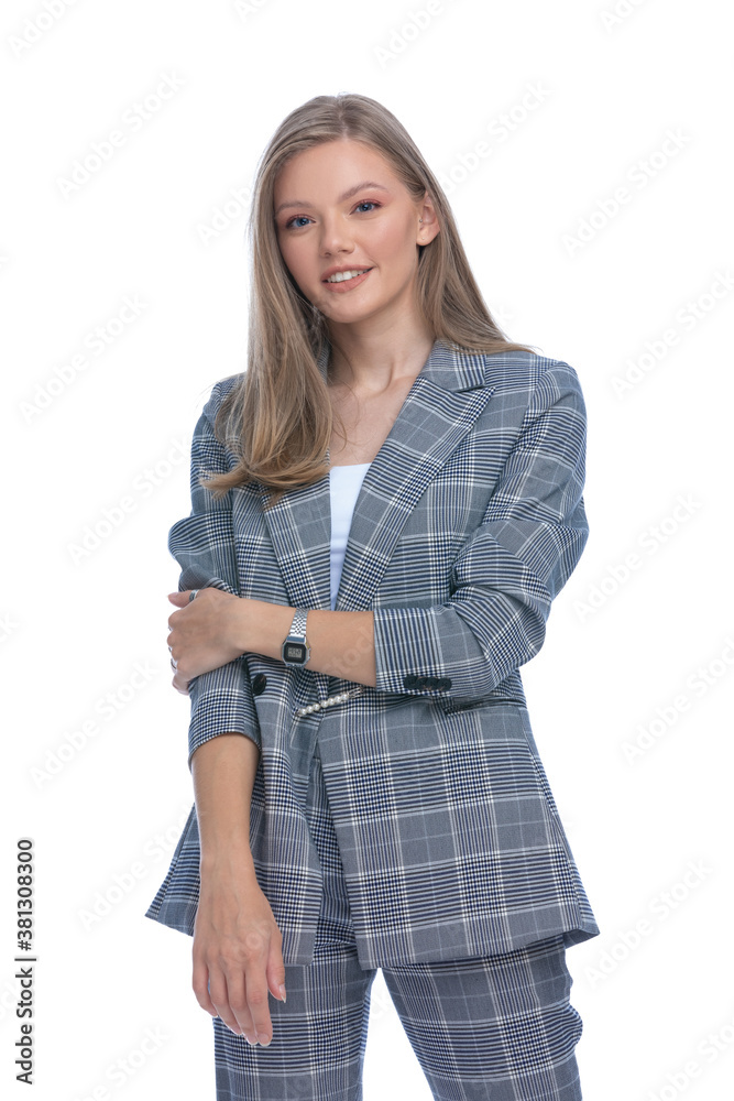 smiling young girl holding arms in fashion pose smiling young girl holding arms in fashion pose