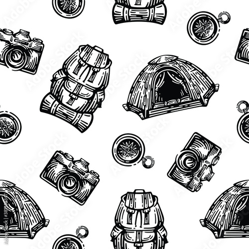 Patterns adventure expedition seamless vector. Doodles design on white background.