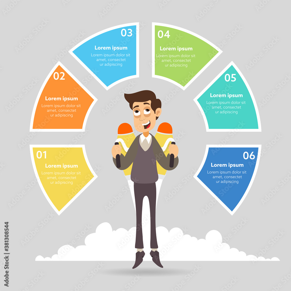 Businessman Flying with Rocket and Six Options on Grey Background for Startup Concept. Businessman Flying with Rocket and Six Options on Grey Background for Startup Concept.