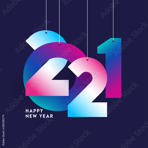 Gradient 2021 Number Hang on Violet Background for Happy New Year Celebration.