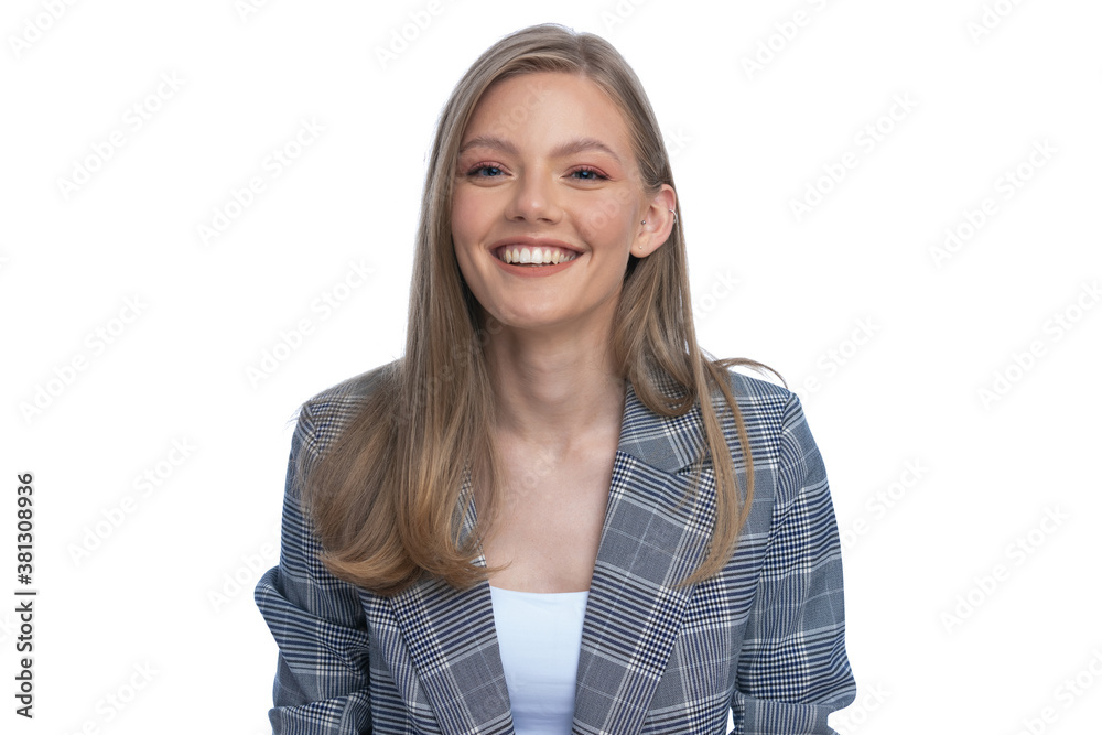 happy young businesswoman in blue checkered suit smiling happy young businesswoman in blue checkered suit smiling