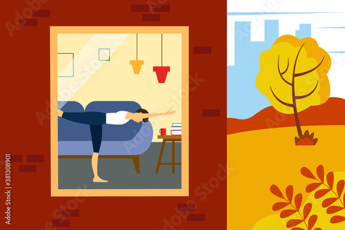 Man doing exercises at home. Illustration of half a house and a street. Vector illustration in flat style.