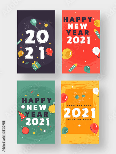 2021 Happy New Year Template or Flyer Design in Four Color Options.