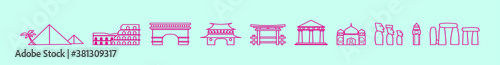 Travel landmarks icons set. Vector travel and tourism locations and landmarks symbols in thin line style. Monuments outline signs isolated on blue