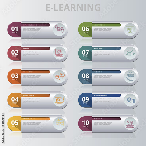 Infographic E-Learning template. Icons in different colors. Include Distance Learning, E-Learning, Blended Learning, Knowledge and others.