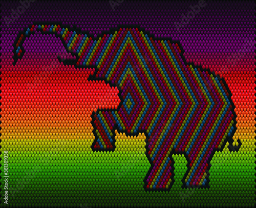 A bright, colorful elephant embroidered on the fabric.