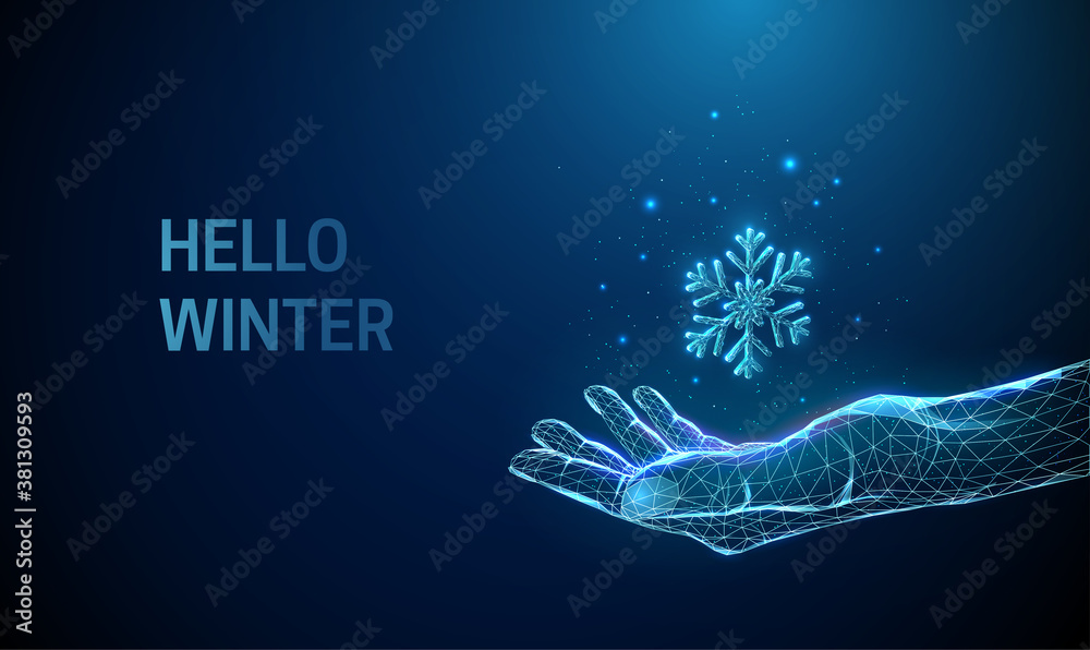 Abstract low poly giving hand with falling snowflake
