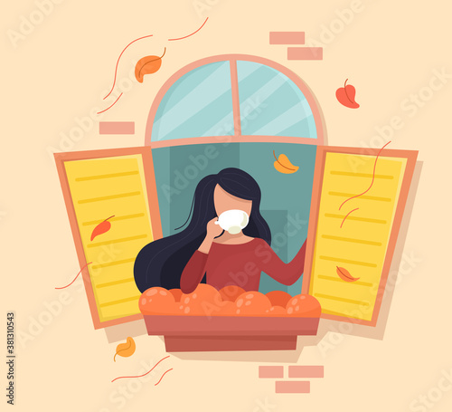 Girl with a cup of coffee in the autumn window. Vector illustration in cartoon flat style.