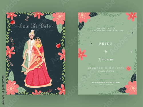 Indian Wedding Card Template Layout with Couple Image in Front and Back View.