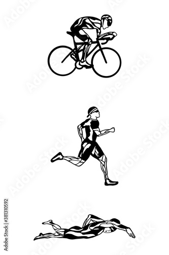 Black flat logo triathlon. Vector figures triathletes on a white background. Swimming, cycling and running symbol. for icon, poster, web, app