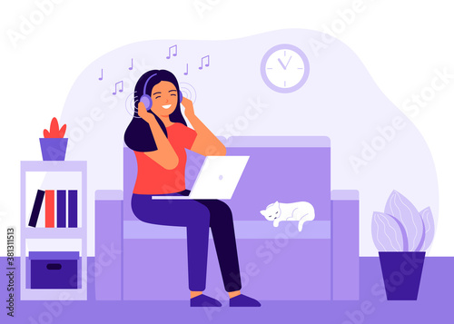 Joyful young woman listening to music at home using headphones. Music enjoyment, music therapy. Happy girl with headphones is resting at home. Vector illustration