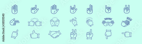 Clapping hands and other gestures. Thin line icons set. Flat style color vector symbols isolated on blue background © eny
