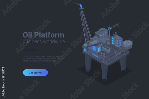 Oil Platform Isometric Flat black monochrome vector concept.