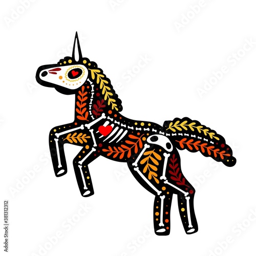 Vector colorful postcard. Dia de los Muertos, Day of the dead or Halloween concept. Unicorn skeleton with floral design, isolated on white background