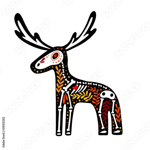 Vector colorful postcard. Dia de los Muertos, Day of the dead or Halloween concept. Moose skeleton with floral design, isolated on white background