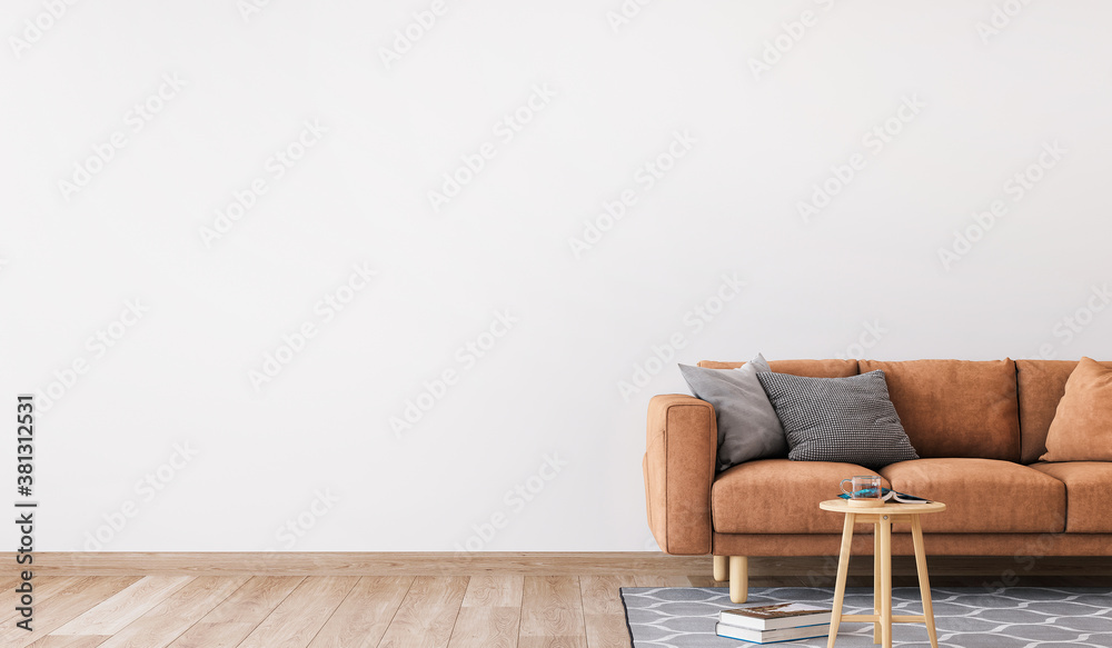 Minimal living room design, orange sofa in empty modern background, panorama - obrazy, fototapety, plakaty 
