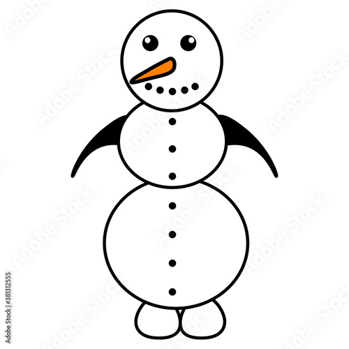 Funny and crazy snowman. Vector illustration on a white isolated background.