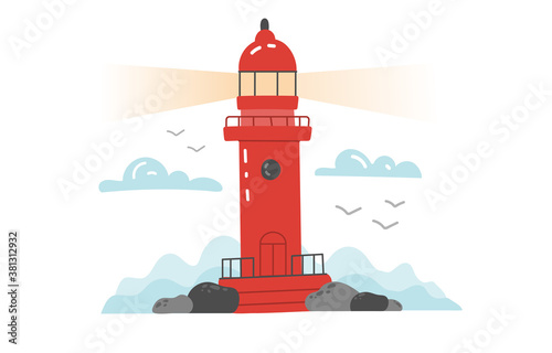 Red cartoon lighthouse isolated on white background. Colored vector illustration