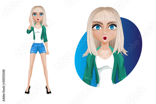 Stylish young woman in shorts and a green jacket. Beautiful cartoon character modern. Pose- Stunned.