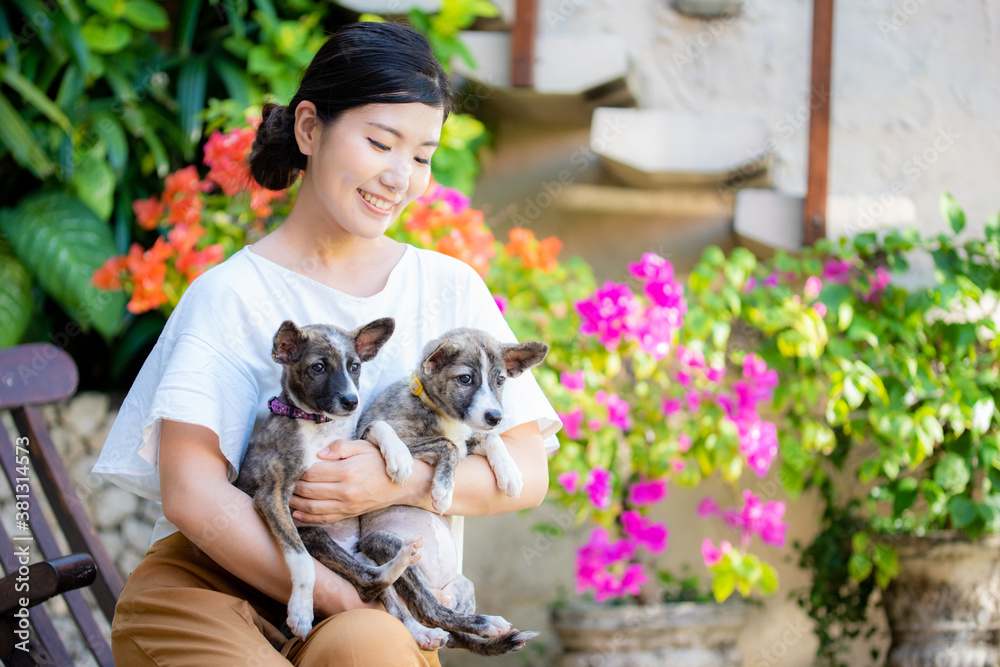 Obraz premium カラフルな花の咲く庭で可愛い2匹の子犬を抱く日本人の女性
