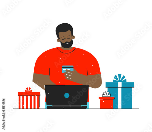 Vector isolated flat illustration about online shopping. Cartoon african american man is at home. Guy sits with laptop, orders presents on Internet, enter credit card details on the site with sales