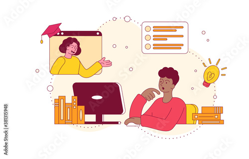 Online learning concept. A boy and his teacher participating in an online video lesson. Colored vector illustration
