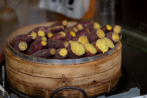 steamed japanese potaot in bamboo steamer photo