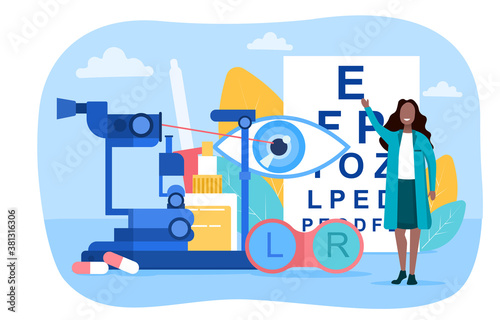 A smiling female ophthalmologist standing against the background of ophthalmic equipment glasses and eye chart. Flat vector illustration.