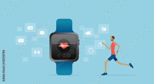 smart watch technology with a man running and flat vector design technology  for health while exercising concept