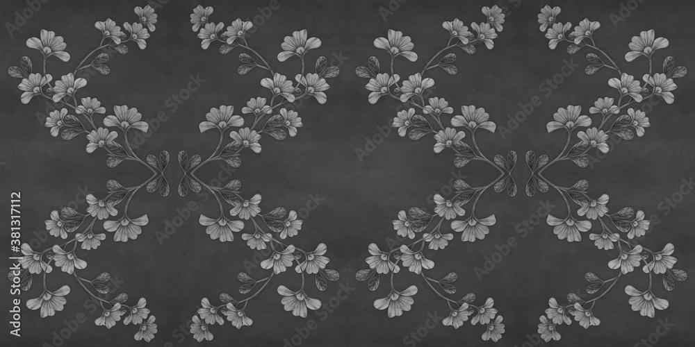 Seamless vintage retro grunge black anthracite grey gray concrete cement stone wallpaper tile texture background, with flower leaves motif print
