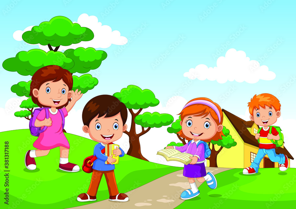 Cartoon of a children going to school