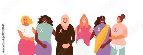 Hugging women together against breast cancer. International awareness and support month vector