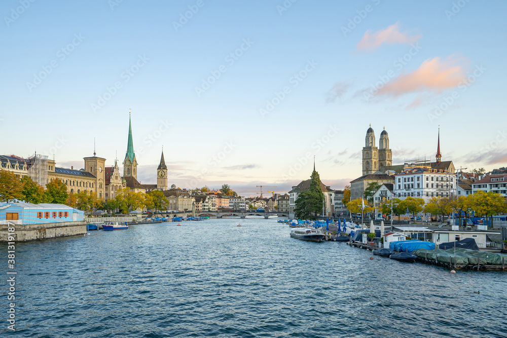 Fototapeta premium Zurich city skyline with view of Limmat river in Switzerland