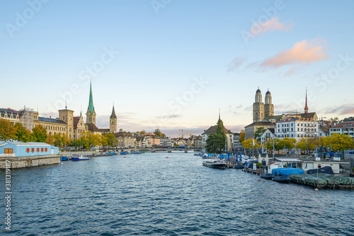 Zurich city skyline with view of Limmat river in Switzerland