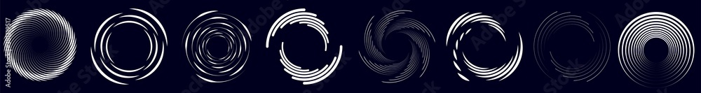 Swirl, sworls, twirls and spiral vector set. Helix, volute shapes with rotation, revolve ripple effect. Spiral icons