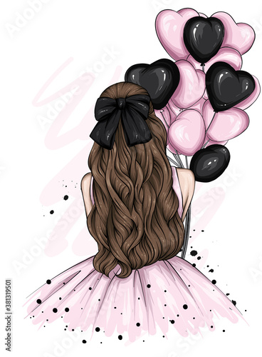 Girl in a beautiful dress with long hair and a bow. Fashion and style, vintage and retro. Heart shaped balloons. Valentine's Day.