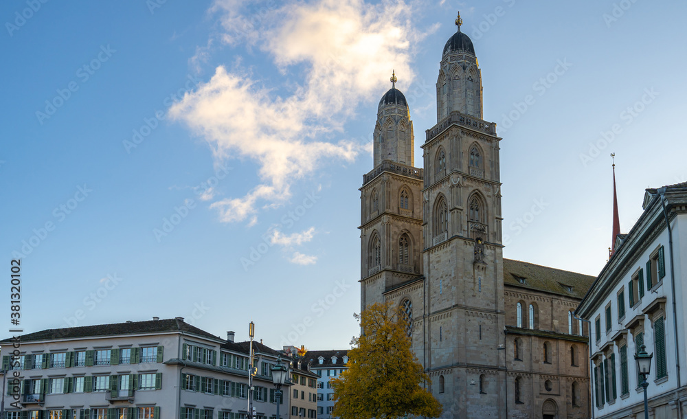 Grossmunster church with city skyline in Zurich, Switzerland