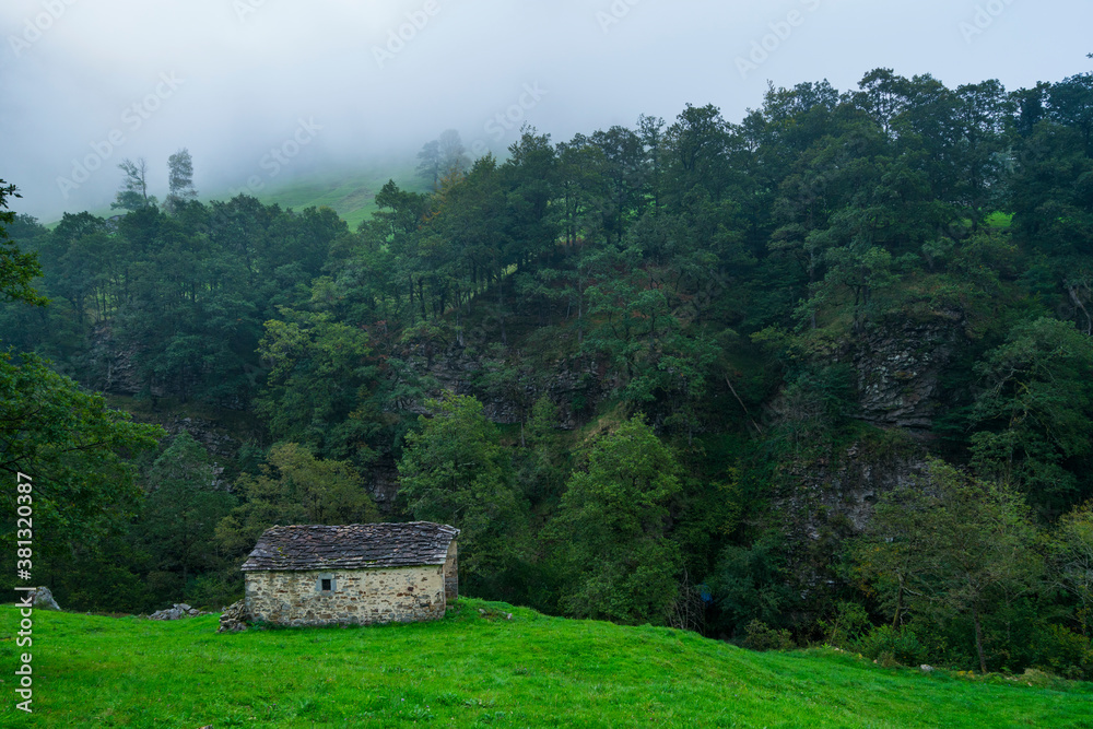 Cabañas Pasiegas and meadows, Miera Valley, Valles Pasiegos, Cantabria, Spain, Europe Cabañas Pasiegas and meadows, Miera Valley, Valles Pasiegos, Cantabria, Spain, Europe