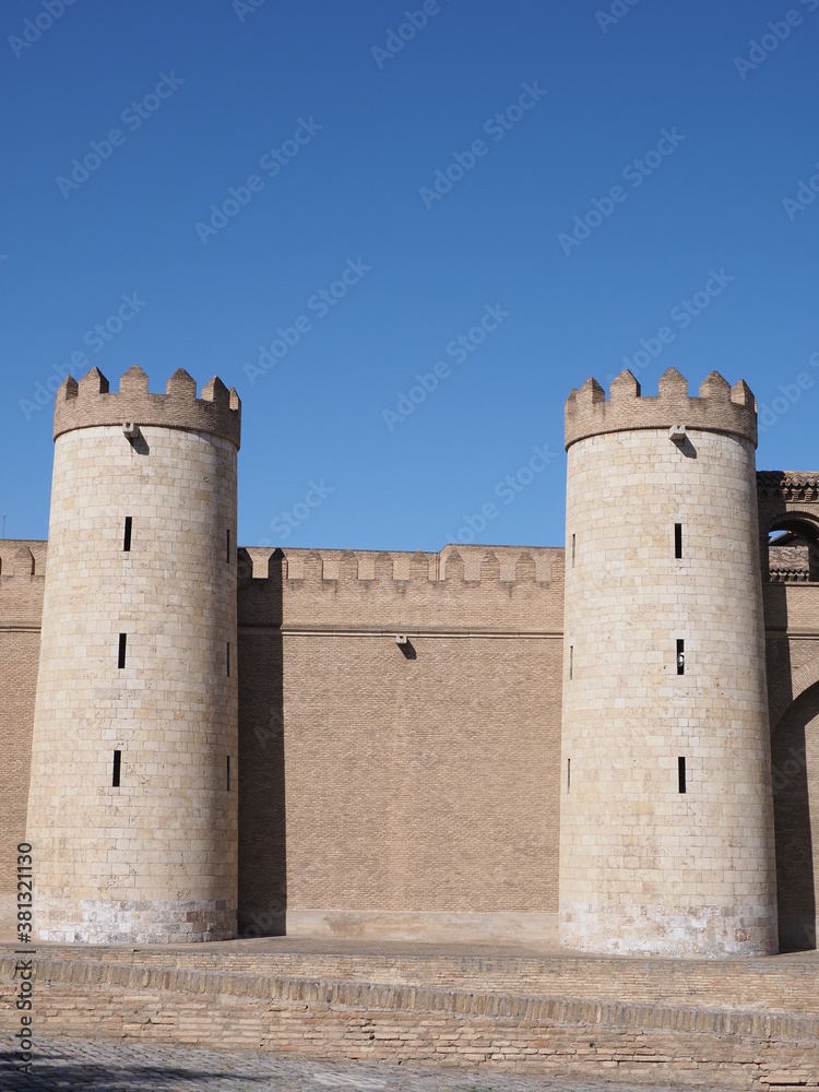 Monumental palace in european Saragossa city at Aragon district in Spain, clear blue sky in 2019 warm sunny summer day on September - vertical.