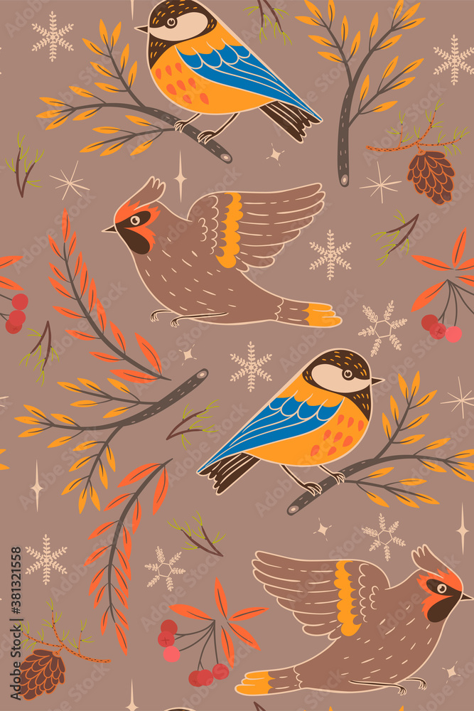 Obraz premium Winter pattern with titmouses and waxwings. Vector graphics.