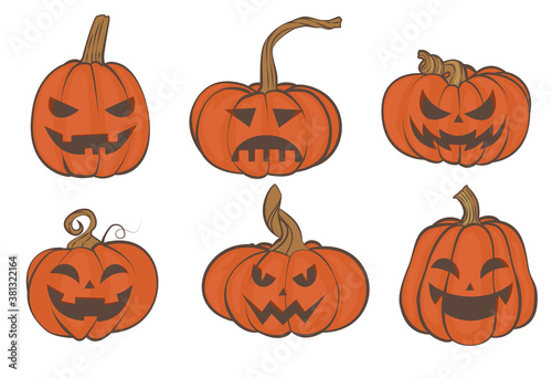 set of pumpkins with scary faces for Halloween